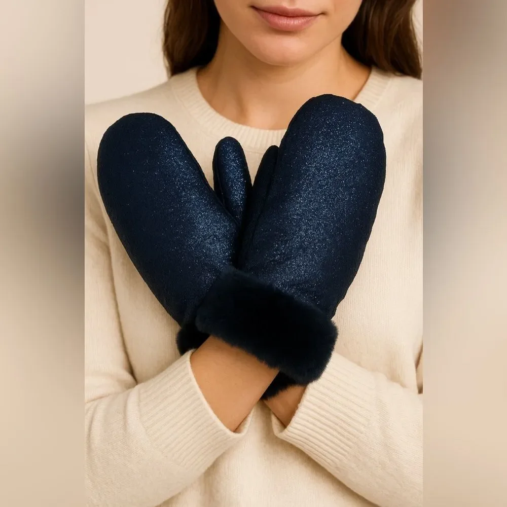 Anthropologie Sparkle Faux Fur Mittens Navy Blue One Size NEW